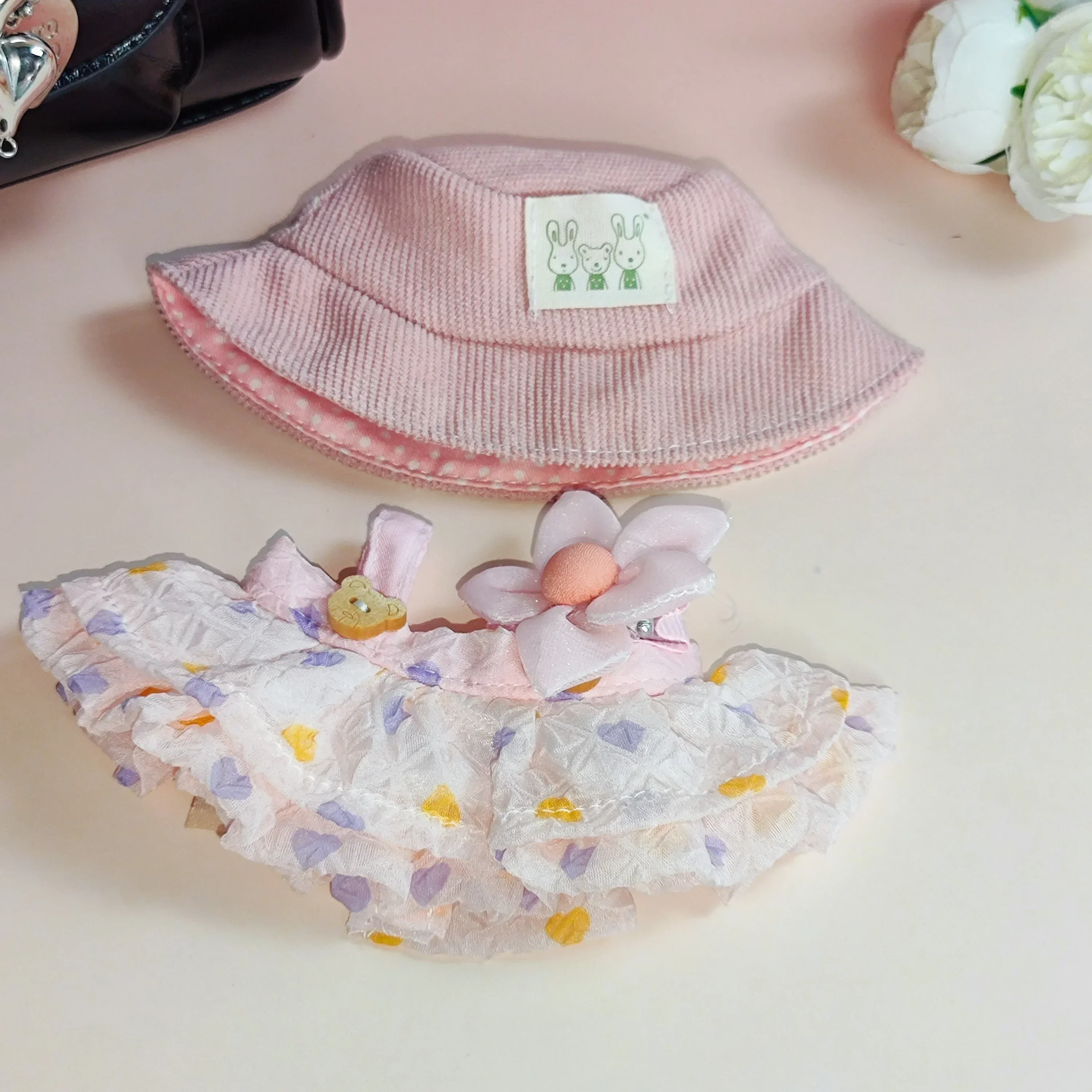 Voor 17 cm Labubu Pop Outfit Gerimpelde Rok Bloem Haarspeld Set Visser Hoed Labubu Kleding Ropa Labubu