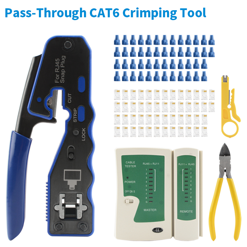 LAN RJ45 CRIMP TOOL ผ่านเครื่องตัด Crimper Stripper สําหรับ Cat6 Cat5 8P8C Modular Connector Ethernet All-in-one เครื่องมือลวด