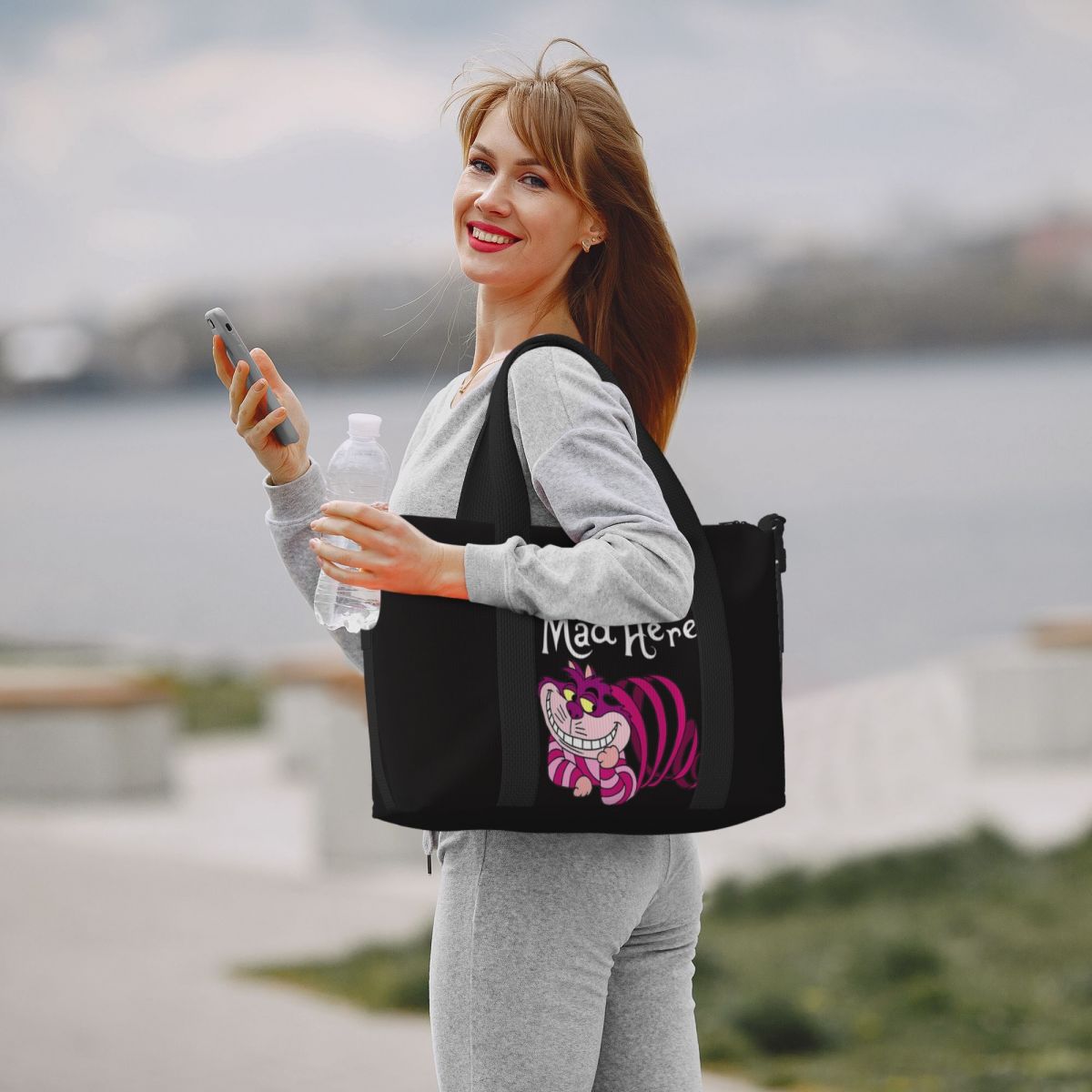 Bolsa tote de praia de gato Cheshire personalizada para mulheres, somos todos loucos aqui gato, compartimento grande, academia, praia, bolsas de viagem