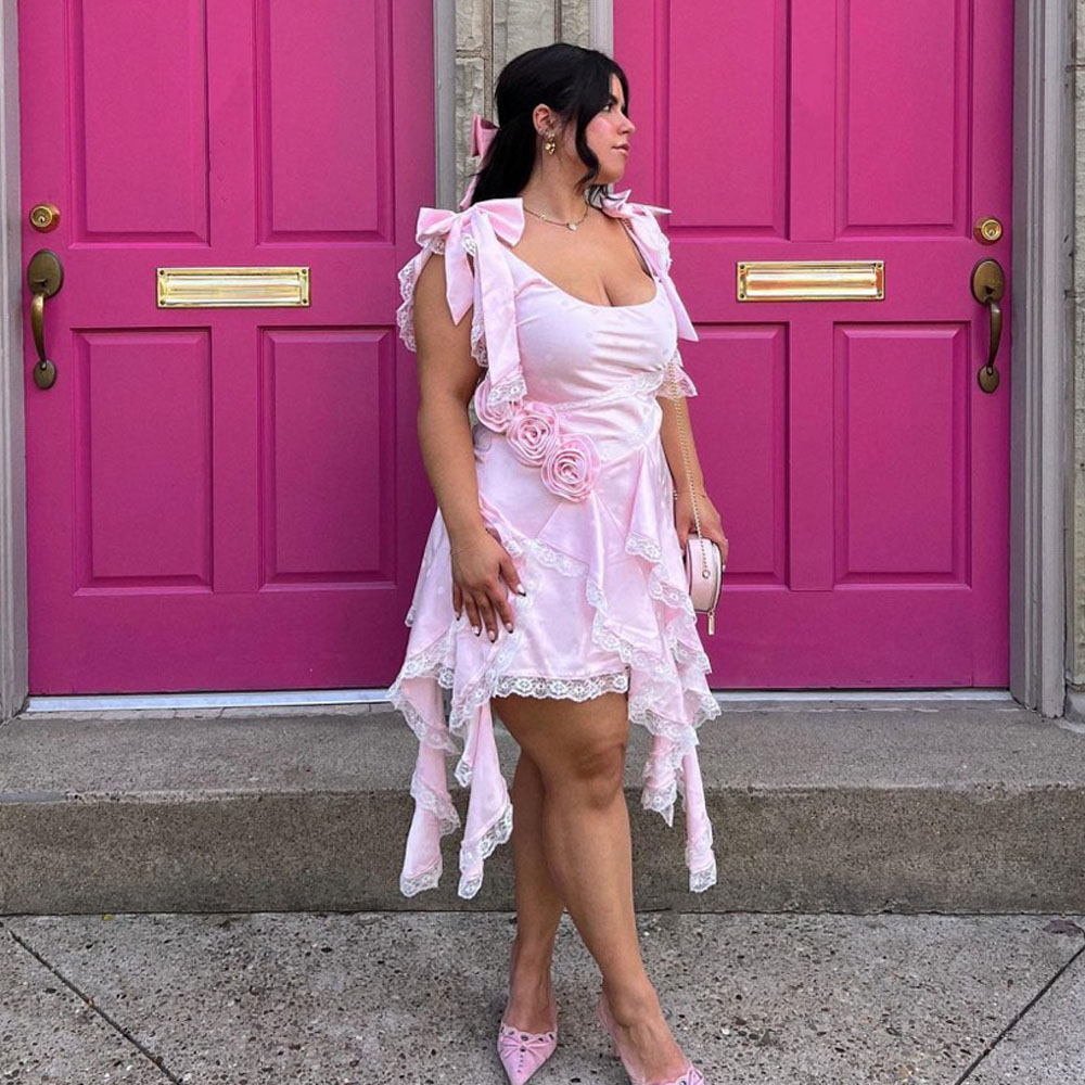 Serendipidty vestido de festa feminino, gola redonda, sem mangas, babados, rosa, feito sob encomenda, flores, com laço, renda, em camadas, coquetel