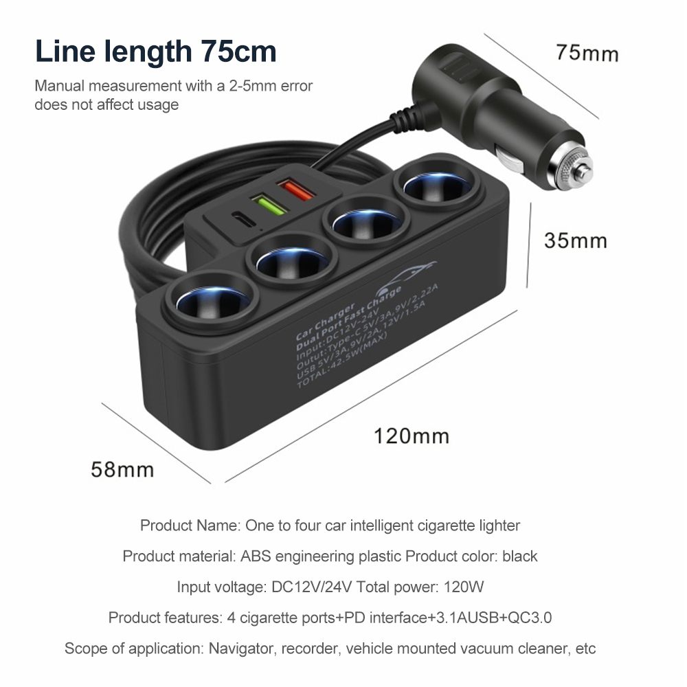 4 in 1 USB-Ladegerät 120 W Auto-Zigarettenanzünder-Splitter 12 V 24 V Schnellladegerät Stecker Telefon-Netzteil USB + QC3.0 + PD3.1 A