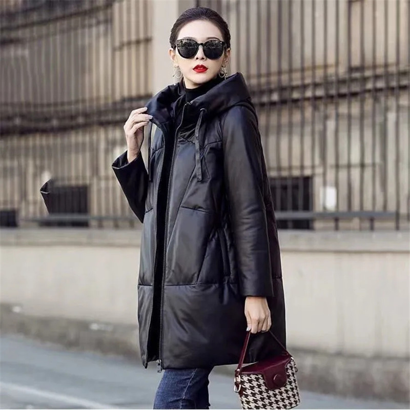 Parkas gruesas para la nieve, chaqueta de cuero PU con capucha cálida para mujer, abrigo largo holgado negro, abrigo de cuero de algodón a prueba de viento para mujer