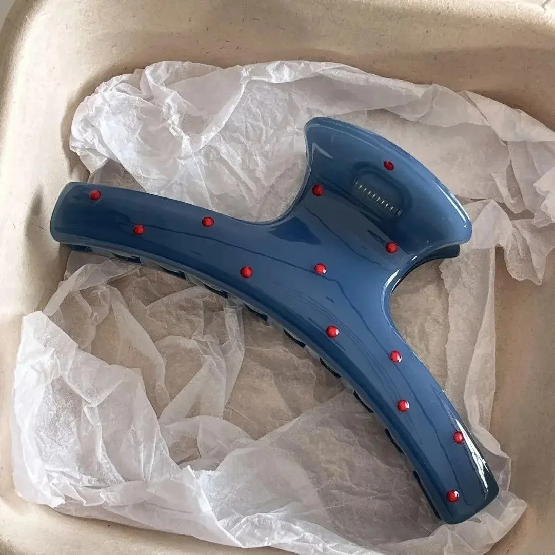 빈티지 블루 물방울 무늬 레드 리본 헤어 클립 샤크 클로 클램프 헤어핀 바레트 한국 헤어 액세서리 여성용 2개 세트