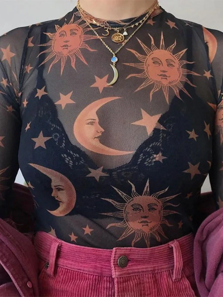 Sun Moon พิมพ์ตาข่ายเซ็กซี่เสื้อยืดผู้หญิง O-Neck เสื้อแขนยาว Slim Basic Casual เสื้อผ้าผู้หญิง2023ฤดูใบไม้ผลิใหม่