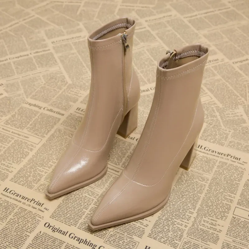 รองเท้าส้นสูงข้อเท้ารองเท้าผู้หญิง Pointed Toe รองเท้าเซ็กซี่สําหรับผู้หญิง 2024 ใหม่ซิปด้านข้างคลาสสิกทุกวันรองเท้าผู้หญิงรองเท้า Botas
