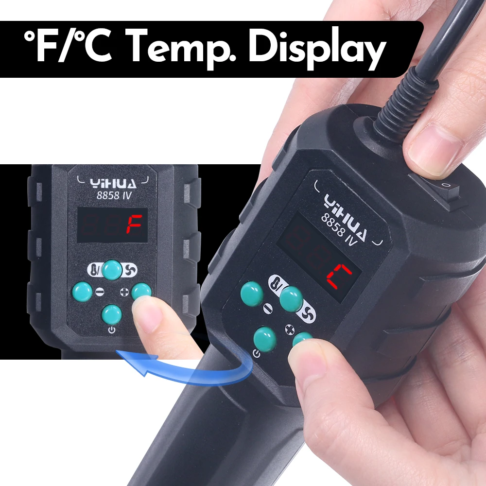 YIHUA 마이크로 핫 에어 건 C/F 온도 조정, 납땜 재작업 용접 스테이션, LCD 디지털 히트 건, BGA IC 납땜 도구, 8858IV, 700W