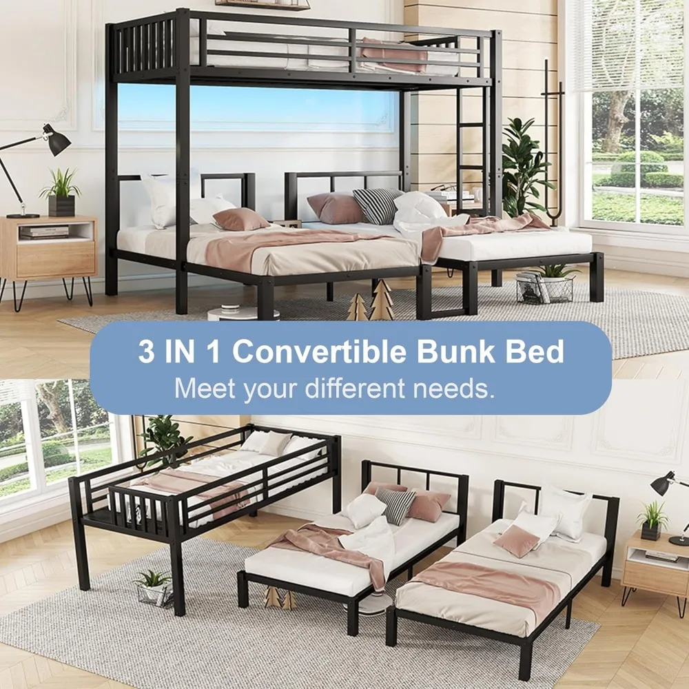 Triple Bunk Bed with LED Light ,Metal Heavy Duty 3 Bunk Beds with Charge Station & Storage Shelf, Convertible Three Bunks Beds