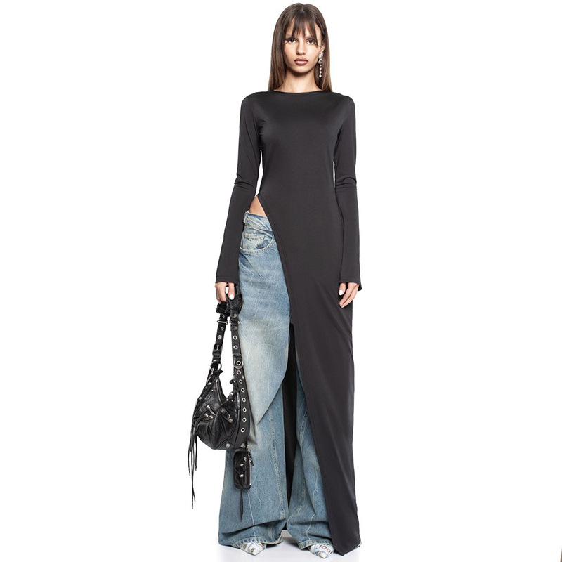 Krypto grafische asymmetrische Langarm schwarz Kleid Mode Outfits Rundhals ausschnitt schick Top Club Party Hochhaus Split Kleider fallen