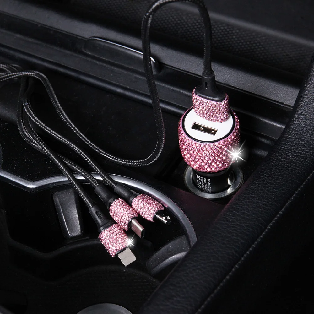Nuevo cargador de coche USB Bling 5V 2.1A adaptador rápido de doble puerto decoración de coche rosa estilo de coche accesorios de coche de diamante Interior para mujer