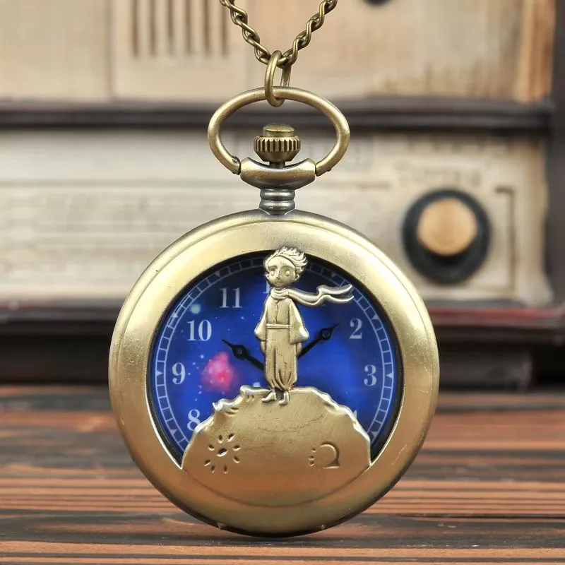 Relógio de bolso com pingente de colar do pequeno príncipe com design oco de bronze vintage