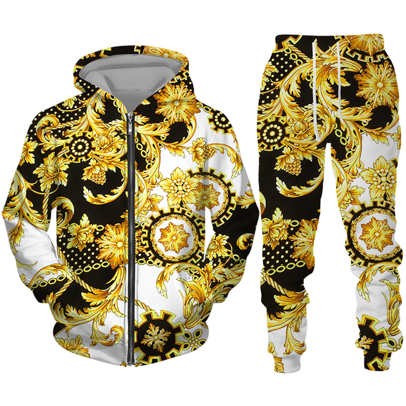 Luxo padrão dourado impressão 3d conjunto de agasalho com zíper masculino casual hoodie + calças 2 pçs define moletom de grandes dimensões moda roupas masculinas