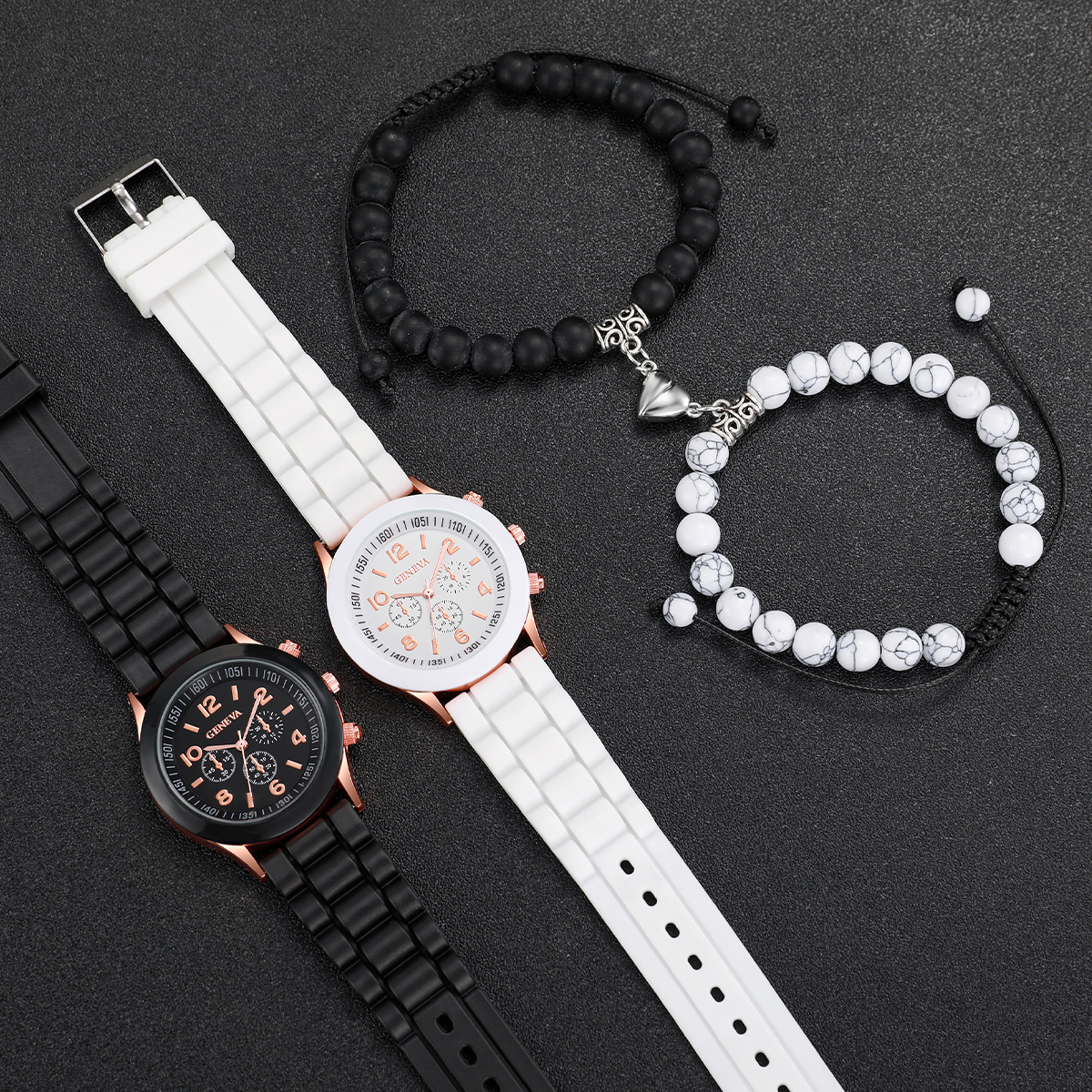 4 pçs/set Moda Casal Silicone Relógio de Quartzo com Amante Beads Pulseira