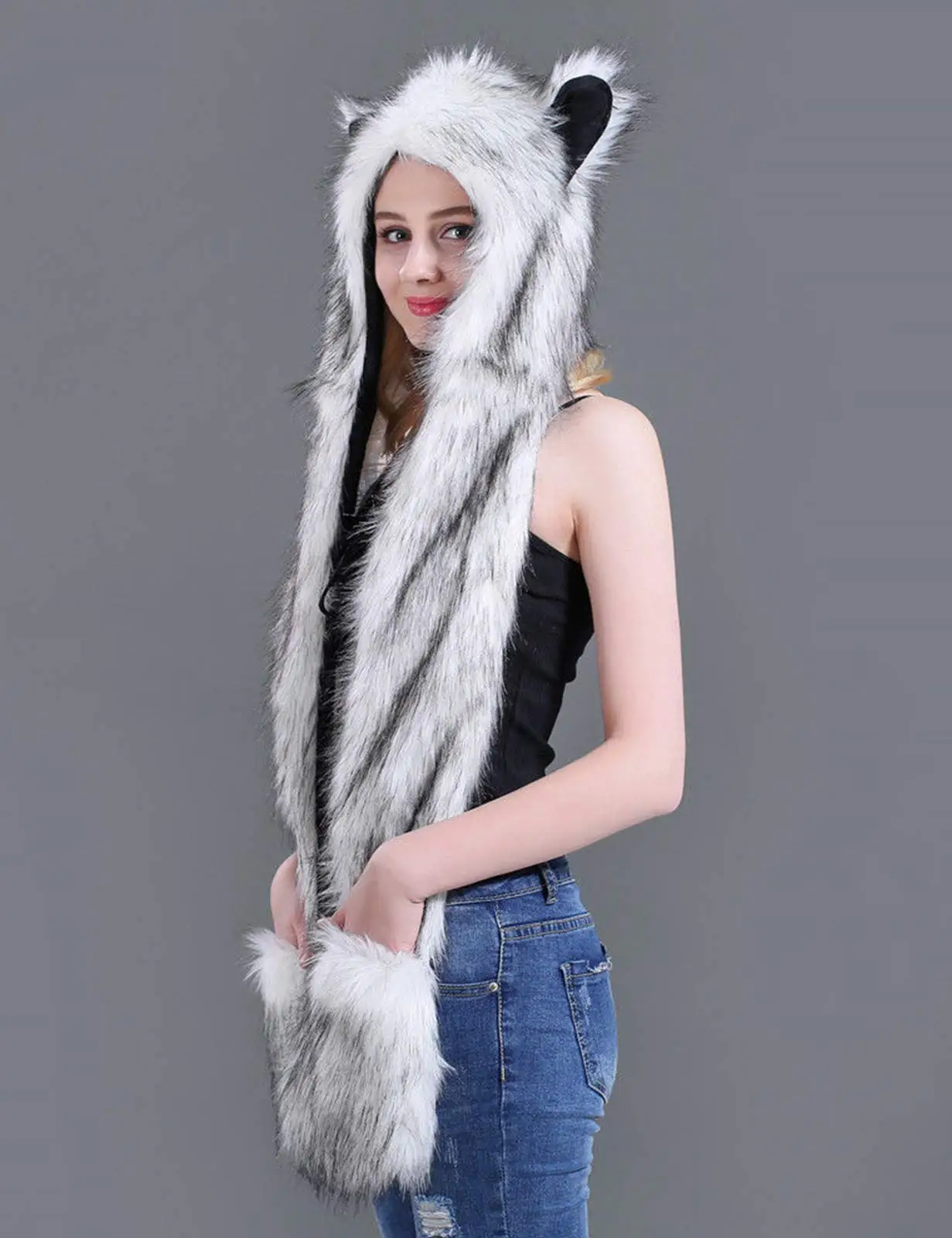 Neve lobo, capa de pele do falso chapéu animal orelha luvas 3 in1 velo com capuz de pelúcia quente earmuff warcraft boné com cachecol luvas