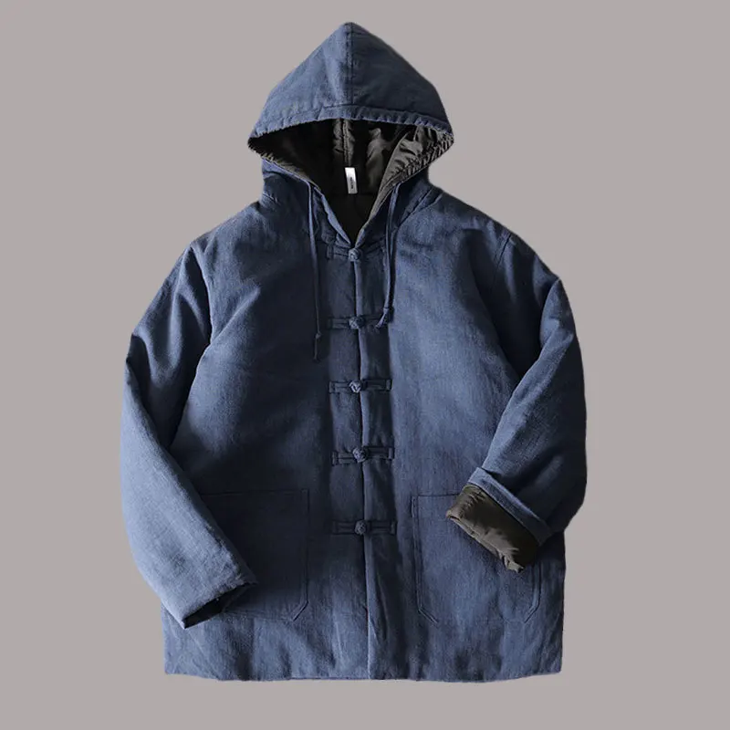 Herren-Jacke mit Kapuze, warm, Winter, verdickt, Baumwolle, gefüttert, chinesischer Stil, Schnalle, Baumwolle, Leinen, Parka, Mantel, Trench-Windjacken