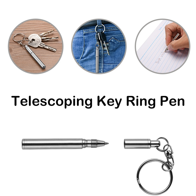 1PCS Portable Telescoping Pen Metal Keyring  Stainless Steel Keychain Ballpoint pen Out Door