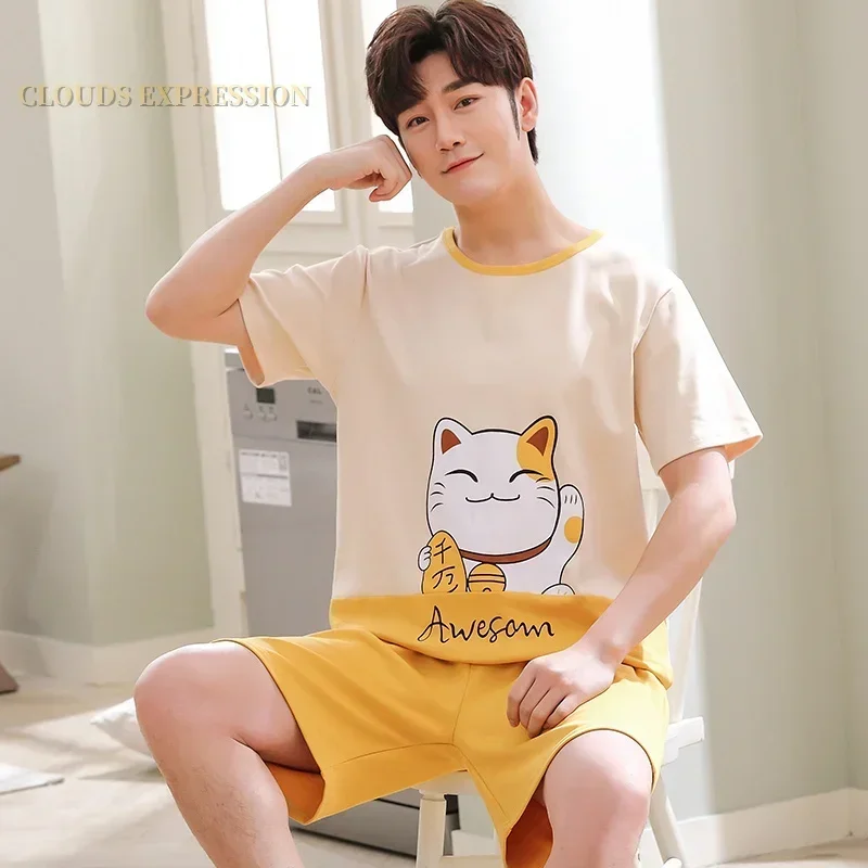 Conjuntos de pijamas de manga corta de algodón tejido de verano para hombre, conjunto de pijama masculino, pijama con letras para hombre, ropa de dormir, traje para el hogar, talla xXXXL