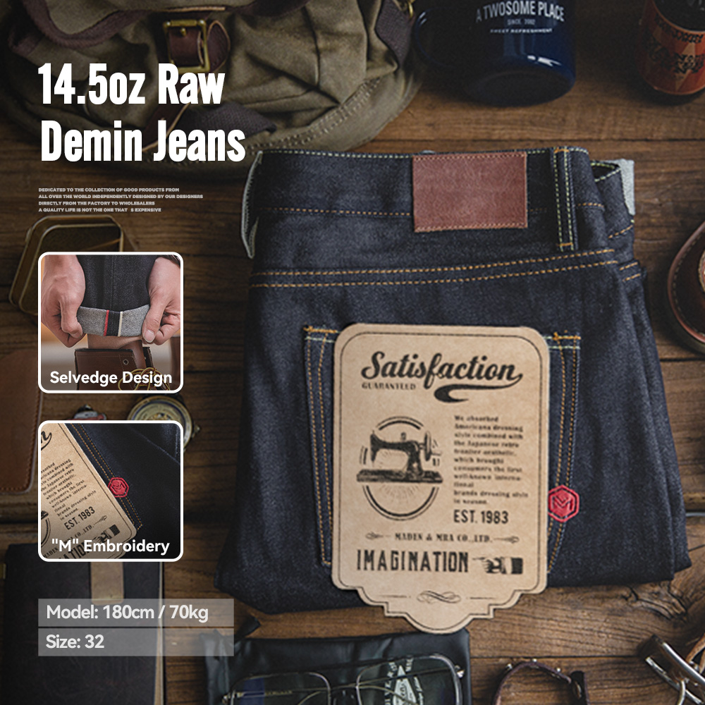 Maden Retro 14.5oz Selvedge Raw Denim voor herenjeans met YKK-rits Vliegborduurwerk Rechte jeans Klassieke effen kleur broek