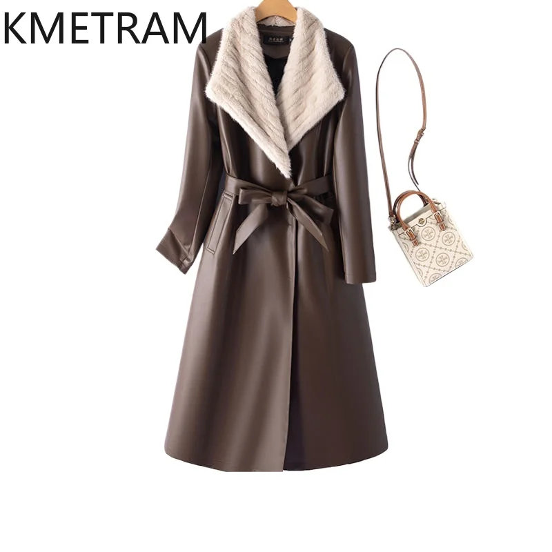 Kmestram แจ็กเก็ตหนังแกะแท้สำหรับผู้หญิง, เสื้อโค้ทผู้หญิงความยาวปานกลางคอเสื้อขนมิงค์90% ฤดูหนาว