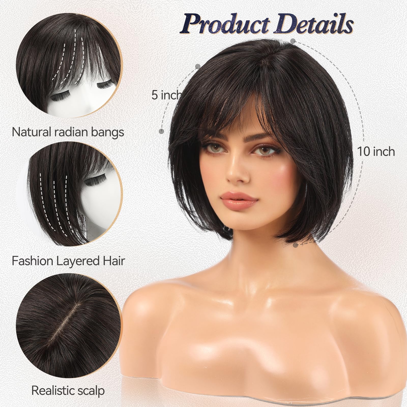 Extensions de cheveux humains Remy noirs naturels, postiche à Base de soie, 4 Clips dans les cheveux avec frange, 10 pouces, pour femmes