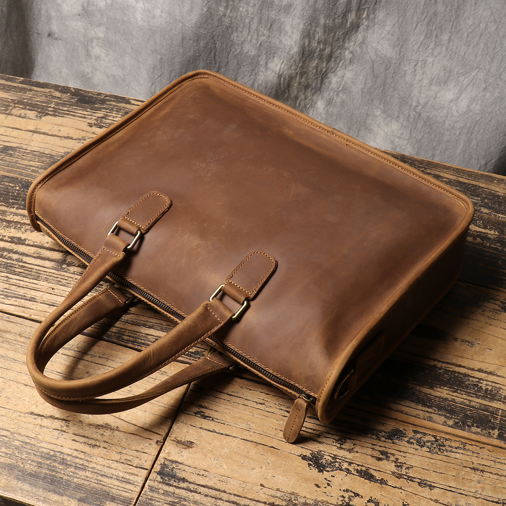 ROOG Neue Herren-Aktentasche aus echtem Top-Layer-Rindsleder, abnehmbarer Schultergurt, bietet Platz für ein 14-Zoll-Tablet