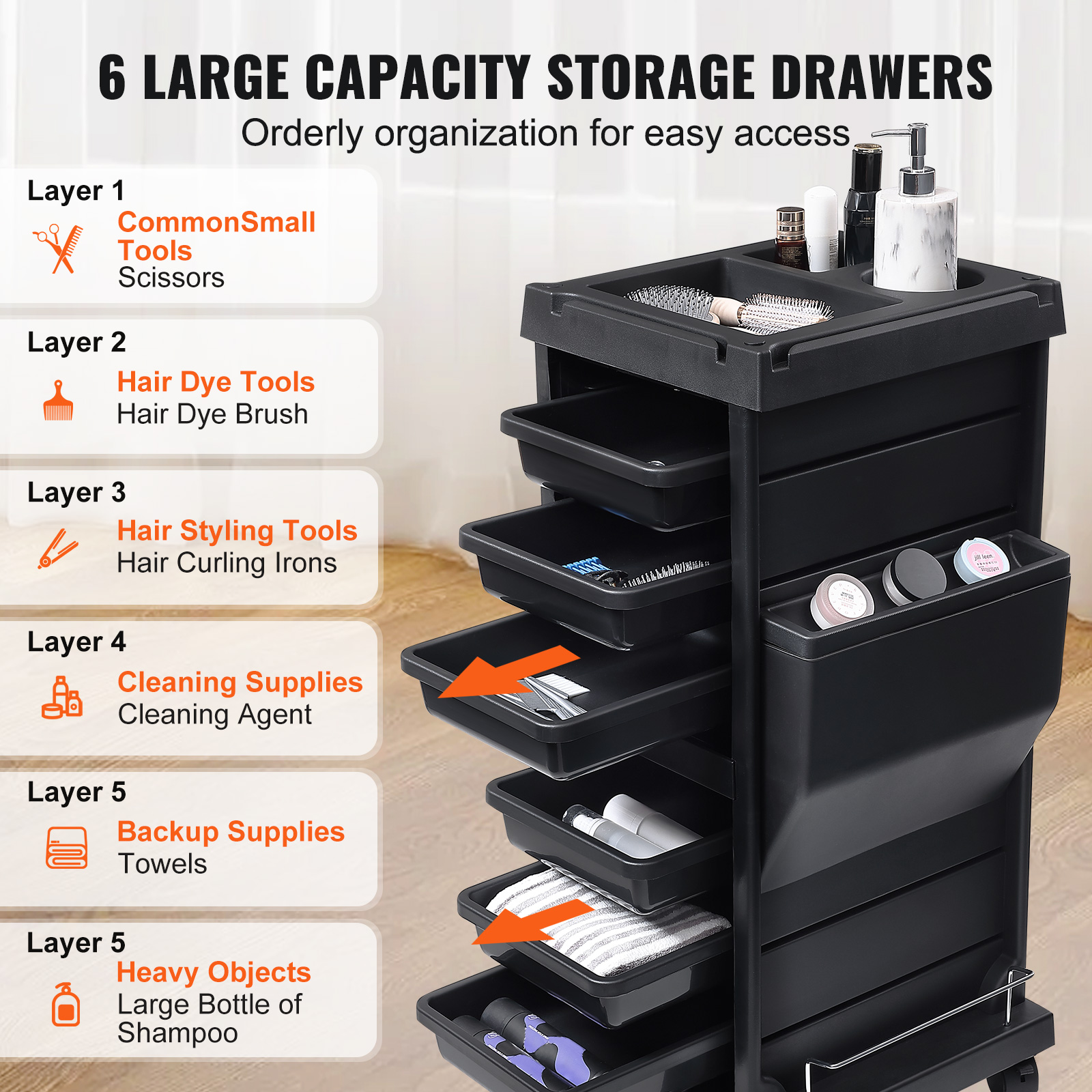 VEVOR Ultimate Salon Trolley Cart for Stylist with 6 Removable Drawers & Tool Holder and Lockable Wheels for Beauty SPA Barber