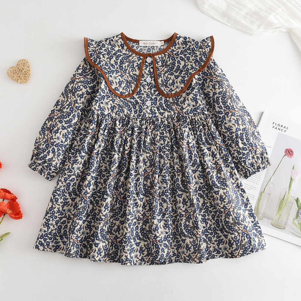 2023 nova primavera outono novo vestido para meninas moda bonito boneca pescoço flor impressão vestido das crianças meninas manga longa vestido de princesa