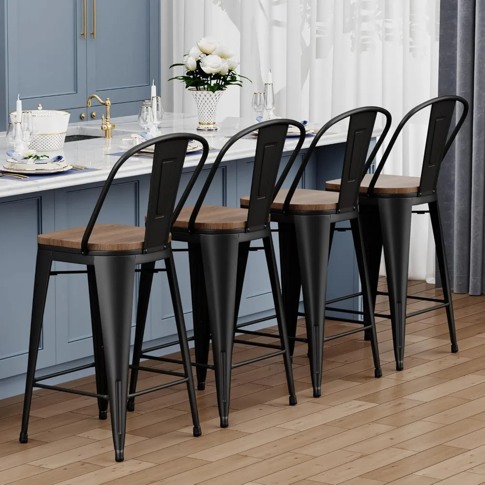 Barstools Set of 4 Counter Height Bar Stools for Kitchen Island Farmhouse Metal High Back Bar Chairs Wooden Seat 24" Matte Black