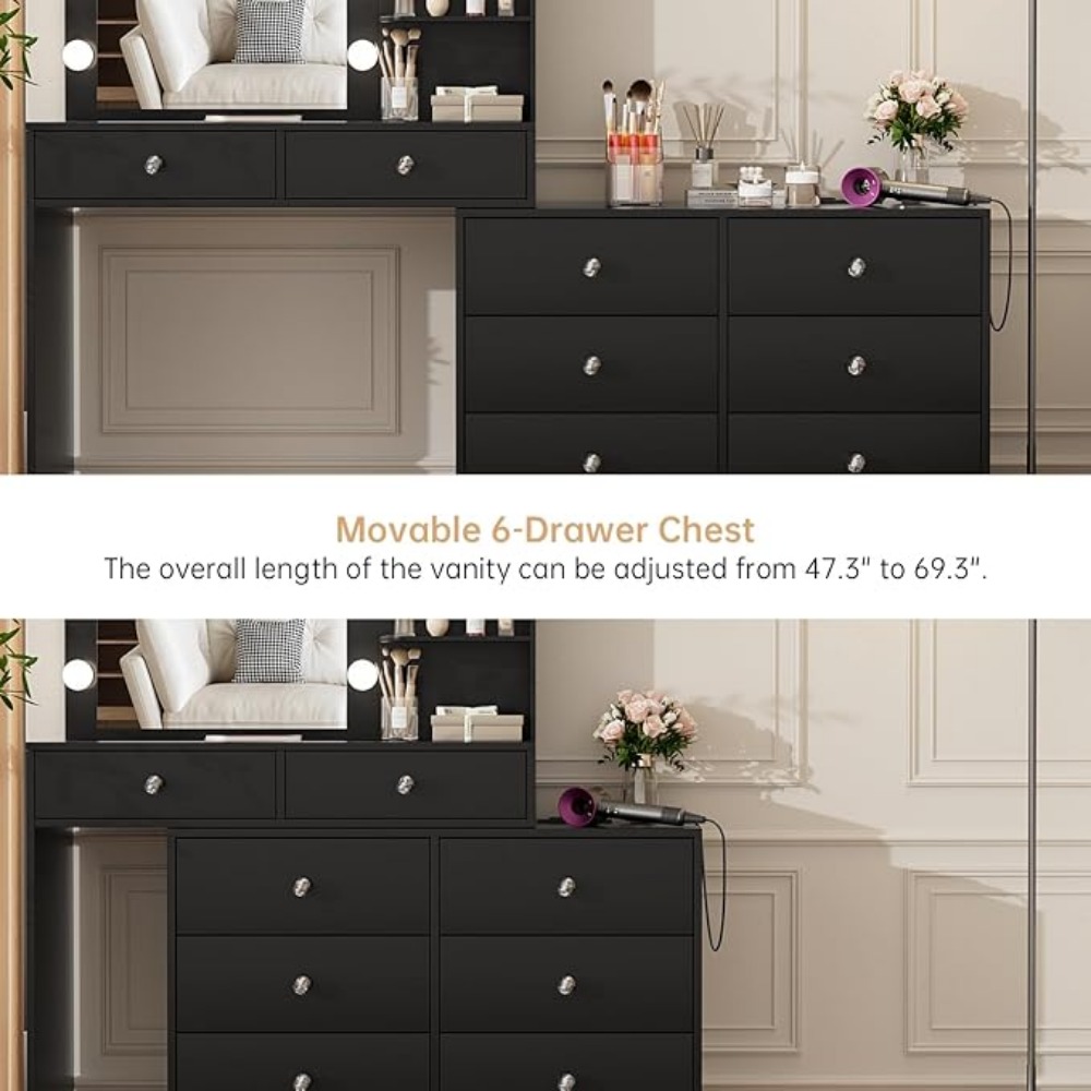 Vanity with Lighted Mirror - 47"Makeup Vanity Desk with8Drawers3Storage Shelves and Outlet, 3 Color Lighting Modes, Makeup Desk