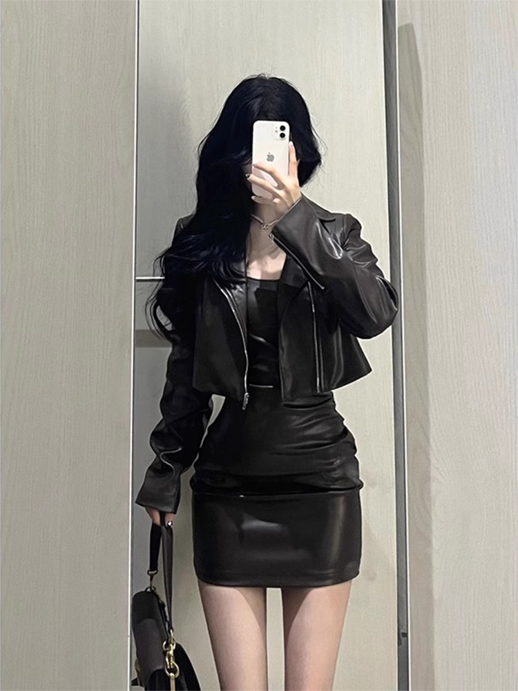 Short PU Leather Jacket Women's Motorcycle Sle Two-Piece Set Autumn High-End Feel Commute Loose Fit Long Sleeve  Collar