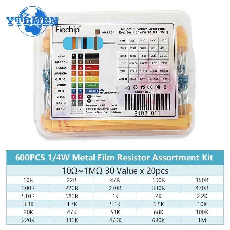 300/600 Uds 1/4w resistencia de película metálica 30 valores Kit de resistencia 10R-1M 0,25 W 1% juego de resistencias con caja