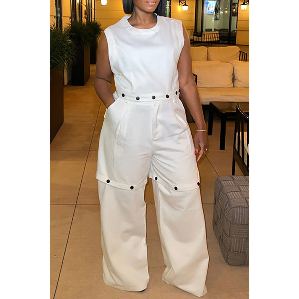 Calça destacável casual conjunto com bolso, gola redonda, plus size, branco, 2 pcs