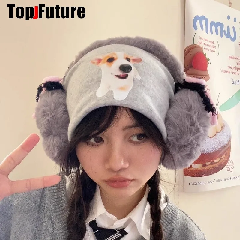 하라주쿠 Y2k 귀여운 달콤한 로리타 활 모피 귀 따뜻하게 여자 여자 겨울 따뜻한 귀마개 접이식 야외 감기 보호 귀 덮개