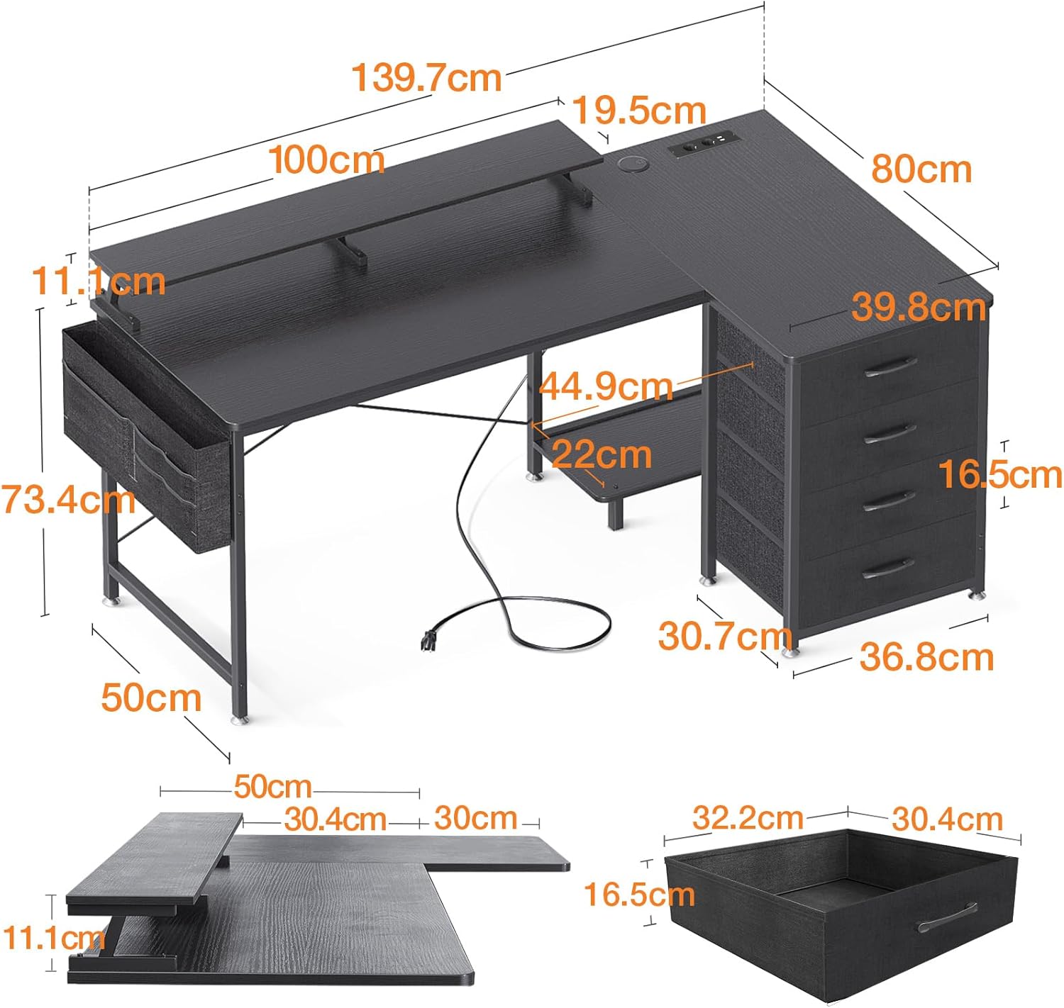 Schreibtisch L Form Schwarz, Corner Schreibtisch Reversibel mit 4 Schubladen, 140x80x84,7cm Ecktisch mit 2 USB-Charging Port&2