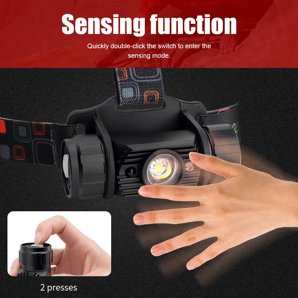BORUiT-linterna frontal LED con Sensor IR, batería 18650, recargable por USB, resistente al agua, para trabajo, pesca, Camping