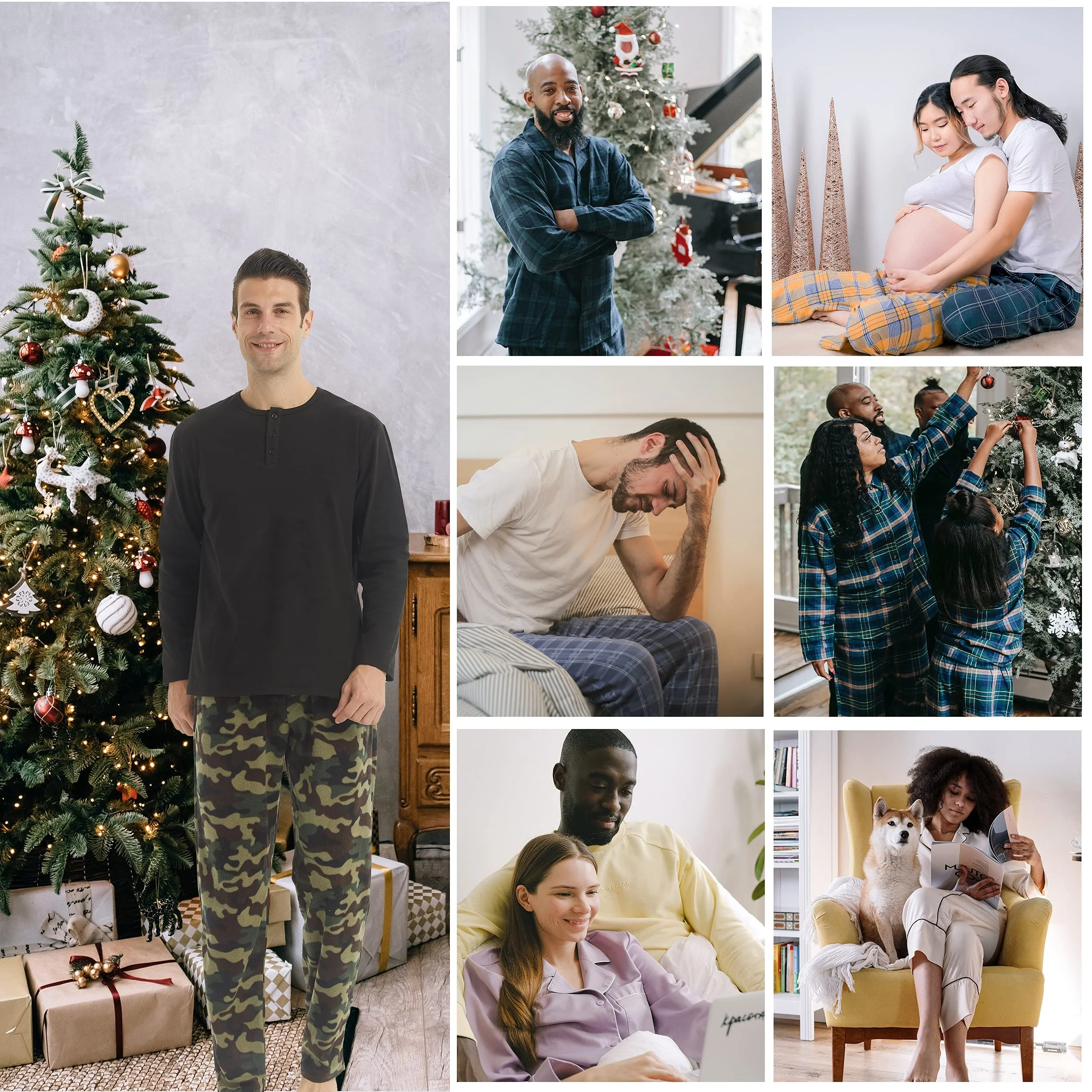Weihnachts-Pyjamahose für Herren, Winterhose, Fleece, Lounge-Nachtwäsche, leichte karierte PJ-Hose mit Taschen, Mikrofleece