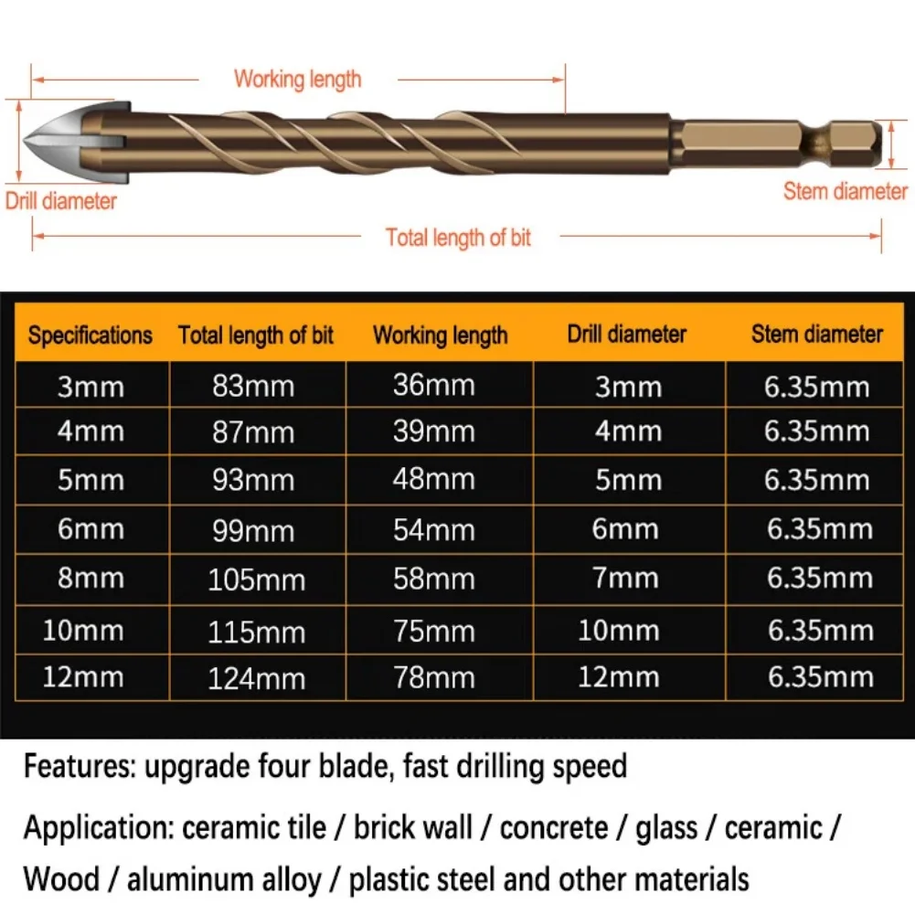 7 ชิ้น Cross กระเบื้องเจาะ Bits ชุด Hex Shank แก้วซีเมนต์โลหะเซรามิคไม้พลาสติกเจาะบิต 3 4 5 6 8 10 12 มิลลิเมตรรูเปิด