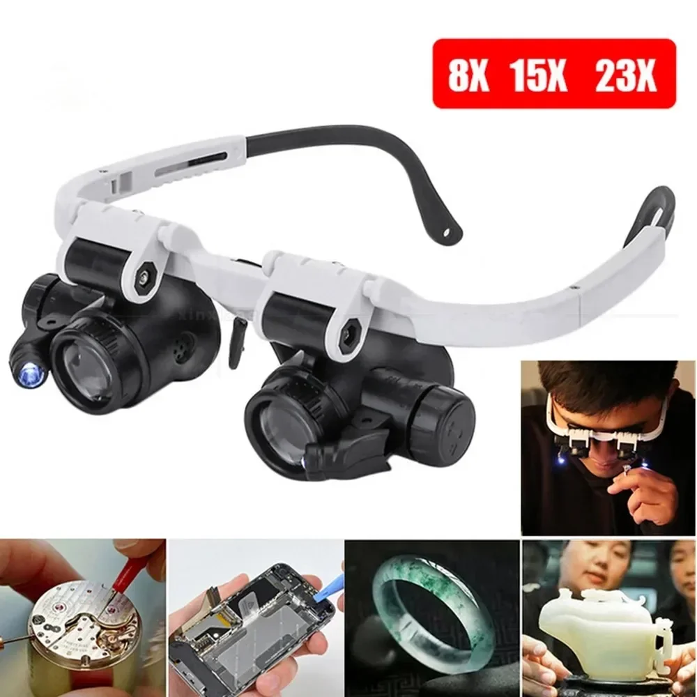 Lente d'ingrandimento 8X/15X/23X Orologiaio da gioielliere con luce a LED Lente d'ingrandimento telescopica per fascia Occhiali da lettura Lenti di ingrandimento Occhiali