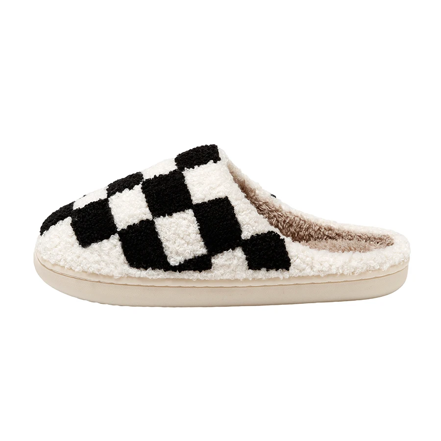 ใหม่ Fuzzy รองเท้าแตะแฟชั่น Checker เย็บปักถักร้อยในร่ม Houseshoes ผู้หญิงสบายฤดูหนาว Fluffy House Retro Checkered พิมพ์รองเท้า