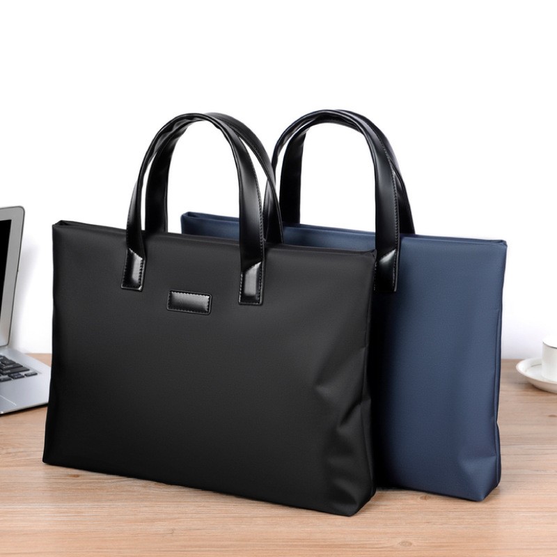 Men's Business Handbag Meeting Gift Pu Nylon Attache File Bag Zipper Briefcase Custom Logo Black Blue