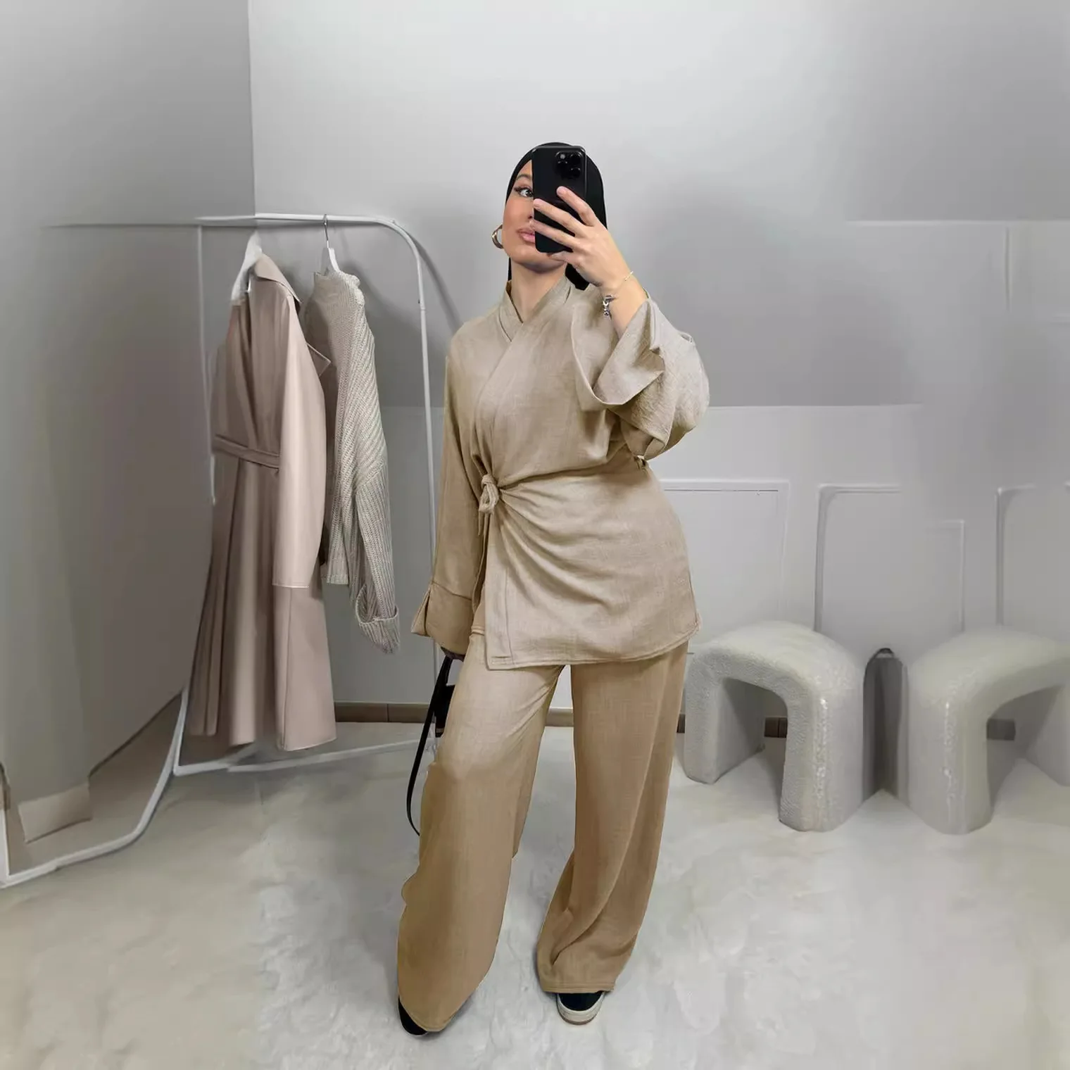 女性用ワイドレッグレースアップパンツ,イスラム教徒の衣装,ブラウス,ブラウス,イード,ラマダン,モロッコ,ドバイ,イスラム教徒のアンサンブル,アラビア語,控えめな衣装,2個セット