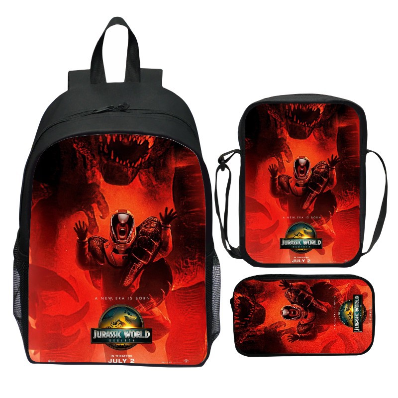 새로운 쥬라기 세계 3 조각 세트 배낭 만화 쥬라기 세계 다시 태어난 학생 배낭 어깨 가방 펜 가방