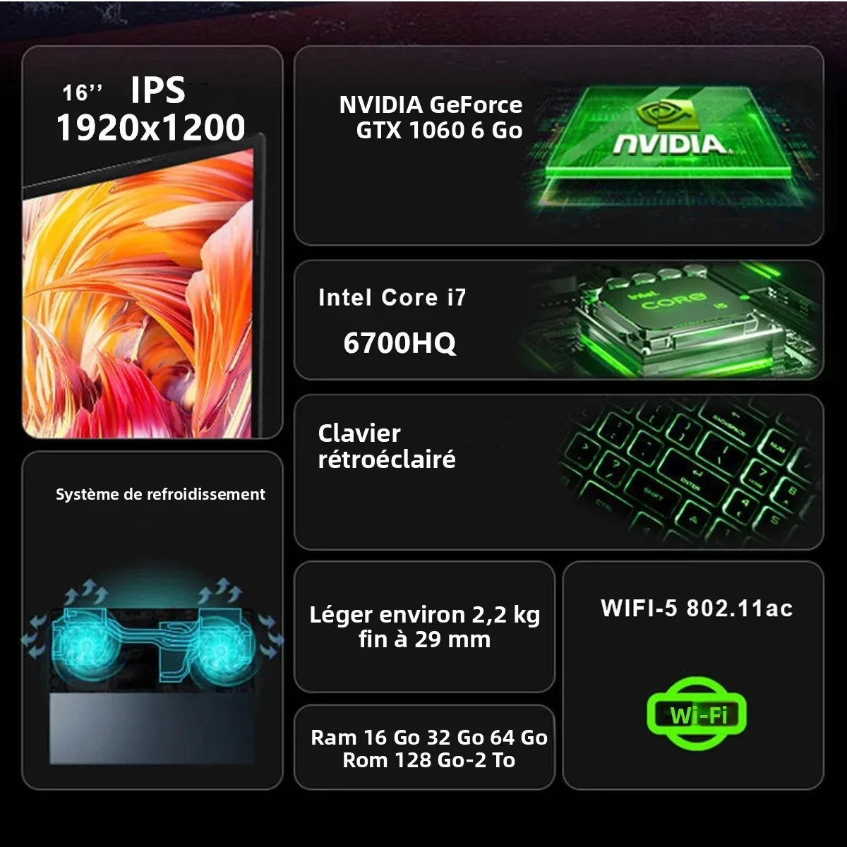 CARBAYTA Ordinateur portable Intel Core I7 6700HQ Écran IPS 15,6" 16 Go 32 Go 64 Go de RAM NVIDIA GeForce GTX 1060 6G Ordinateur de jeu Windows 11 Pro