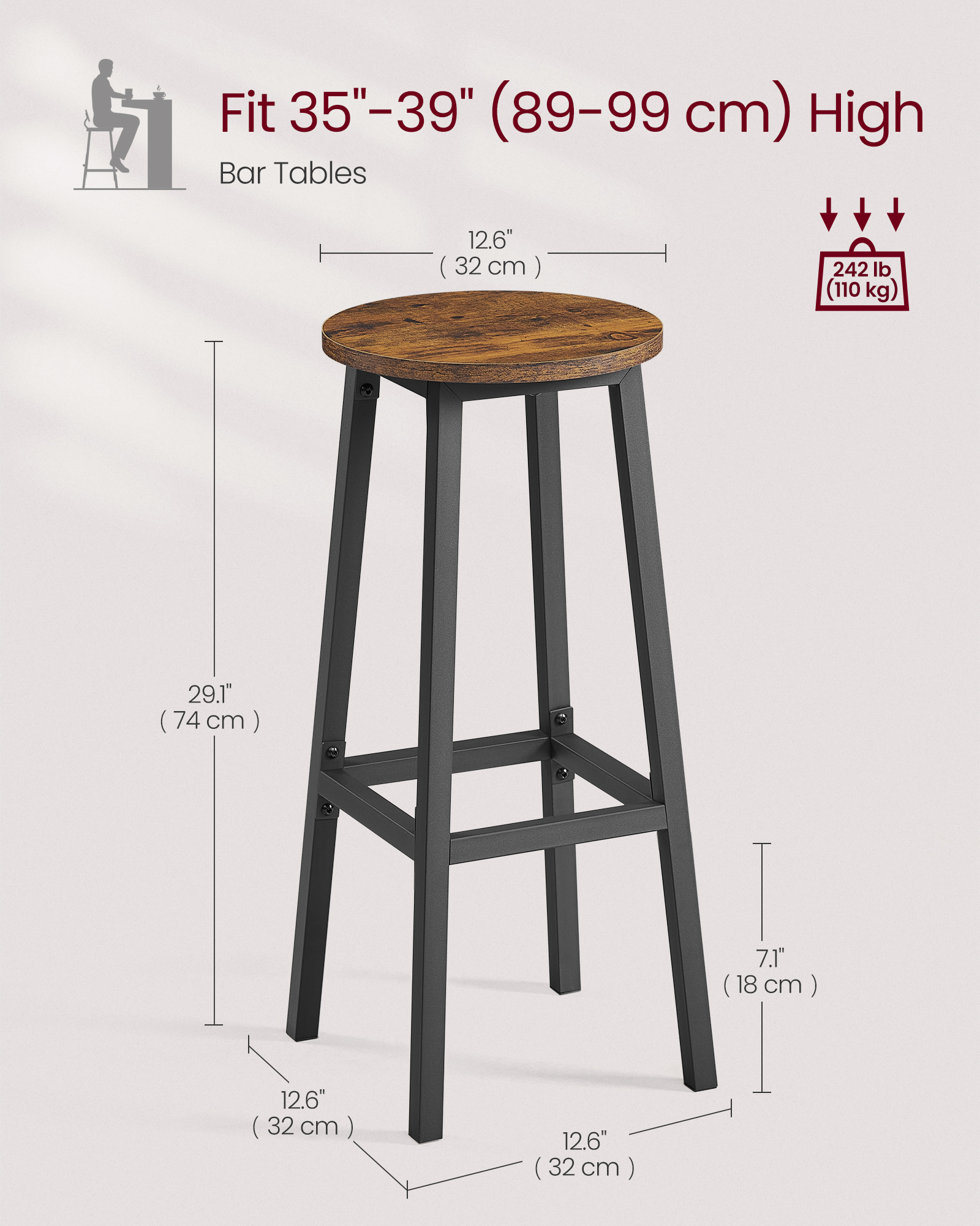 VASAGLE Bar Stool, Set of 2, Kitchen Chair