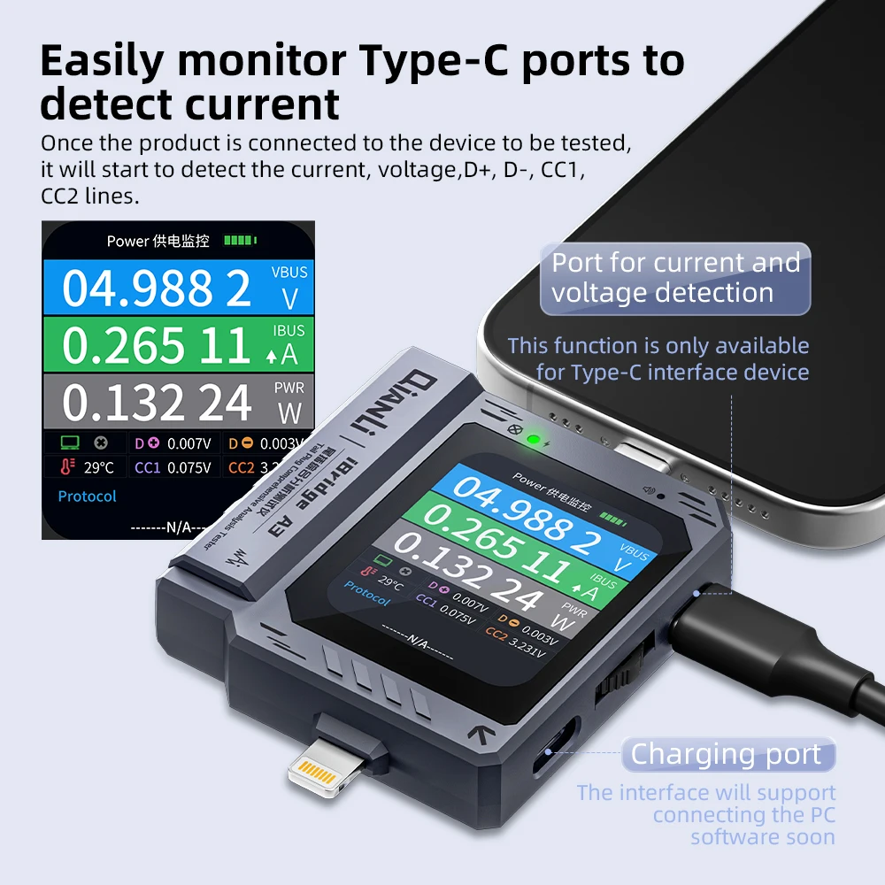 Qianli iBridge A3 enchufe trasero probador de análisis integral detección de voltaje de corriente tipo C relámpago para teléfono IPhone Samsung HW