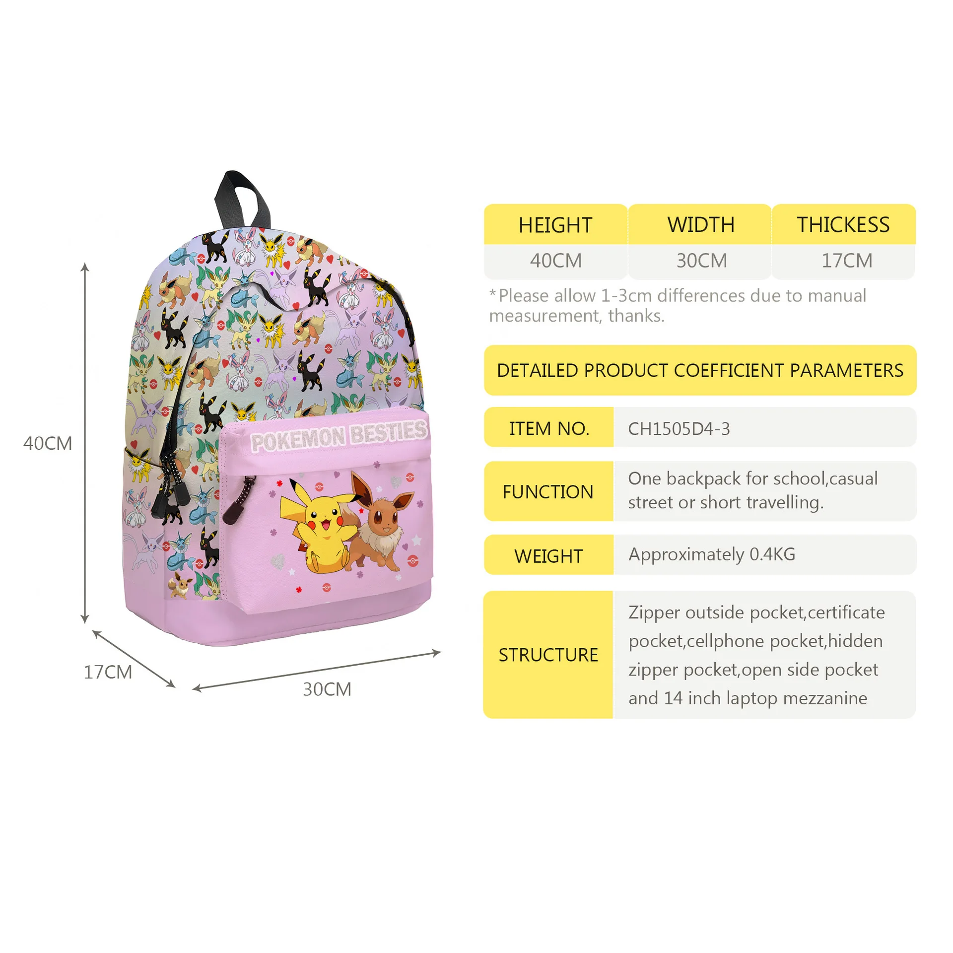 MINISO Pikachu Cartoon Rucksack Zweiteilige Pokemon Student Schultasche Bleistiftbeutel Elf Pokémon Lunchtasche Cartoon Schultasche Mochila