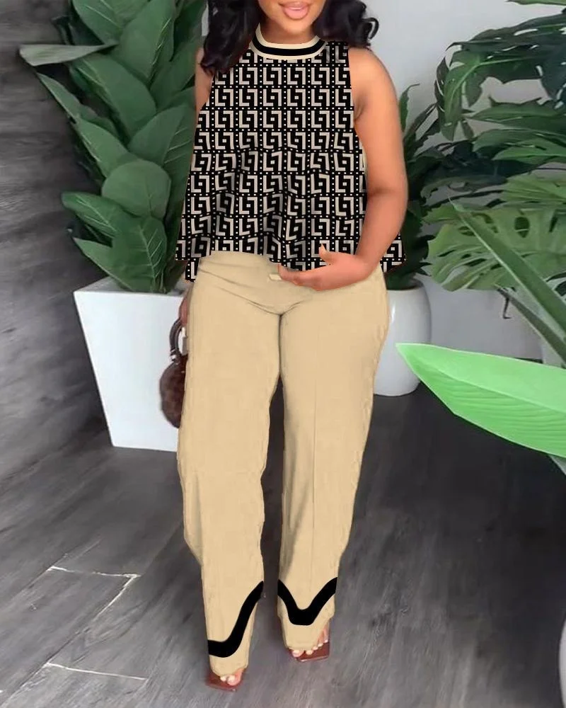 Cutuly Set 2 potong pakaian wanita musim panas, Tank top tanpa lengan motif, pakaian klub 2023 kaki lebar, liburan modis