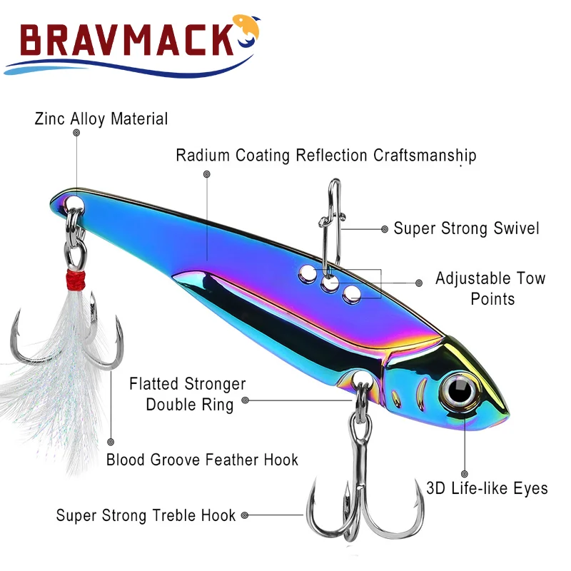 1pc Metal VIB All Water Layer Long Throw 20g Colorful Vibration Sequin Artificial 3D Eyes Sharp Trible Hook For Bass