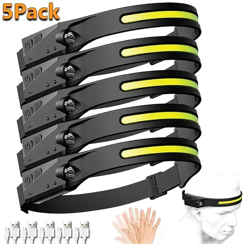 Lámpara de cabeza con Sensor, linterna de cabeza LED, linterna de cabeza recargable, batería integrada, 5 modos de iluminación, linterna para pesca y Camping
