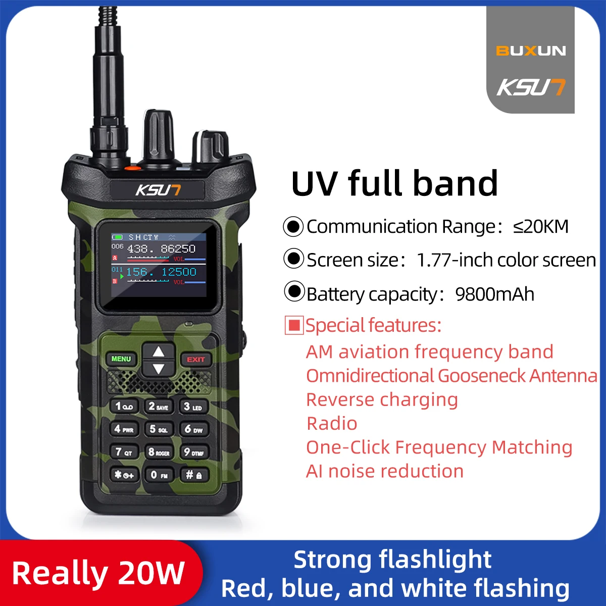 KSUN UV119D 20W VHF UHF Dual Band Taschenlampe Reverse Charge High Power Walkie Talkie Ham Radio Transceiver