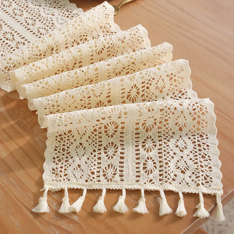 Camino de mesa Beige Vintage, tejido mezclado de algodón con encaje de ganchillo navideño con borla para decoración de mesa de centro, decoración de boda